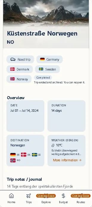 WayVenture trip overview with travel dates, countries and weather