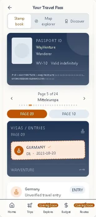 WayVenture travel passport with country stamps