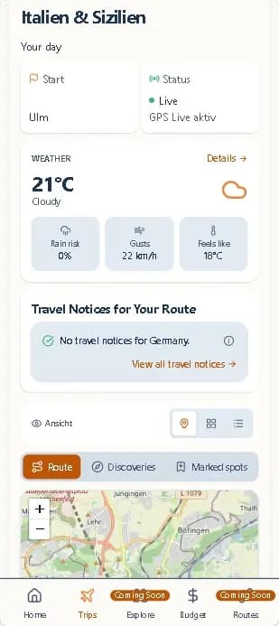 WayVenture on-the-road view with daily overview, weather and travel advice